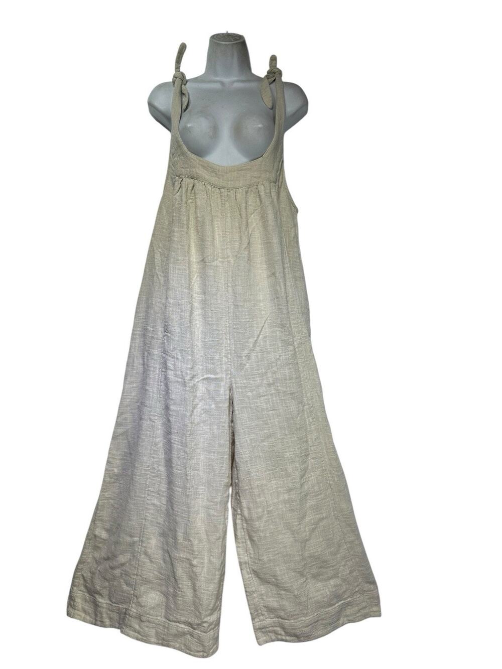 Free People Tie Me Up Jumpsuit Wide Leg Oatmeal Tie Shoulder Straps Size M